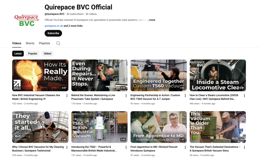 Screenshot of the Quirepace YouTube channel showing recent videos and channel layout