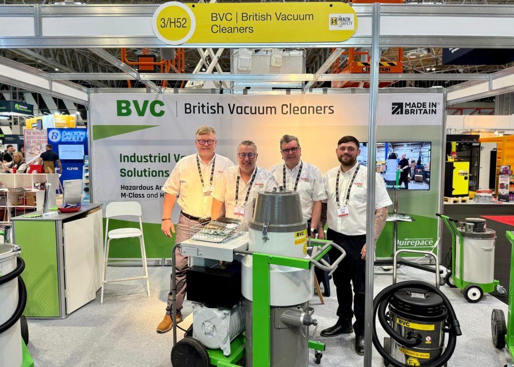Quirepace team exhibiting BVC industrial vacuum cleaners at The Health & Safety Event 2026